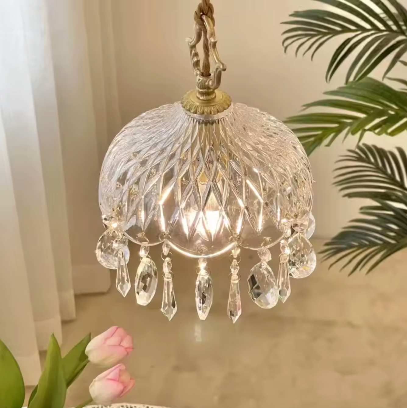 Franse Retro Glazen Hanglamp – Luxe Kroonluchter van Koper & Kristal, E14 LED