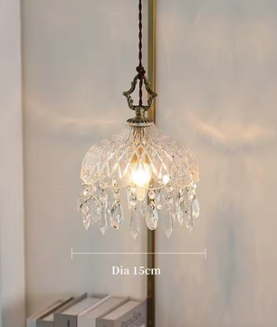 Franse Retro Glazen Hanglamp – Luxe Kroonluchter van Koper & Kristal, E14 LED