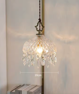 Franse Retro Glazen Hanglamp – Luxe Kroonluchter van Koper & Kristal, E14 LED