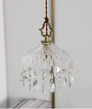 Franse Retro Glazen Hanglamp – Luxe Kroonluchter van Koper & Kristal, E14 LED