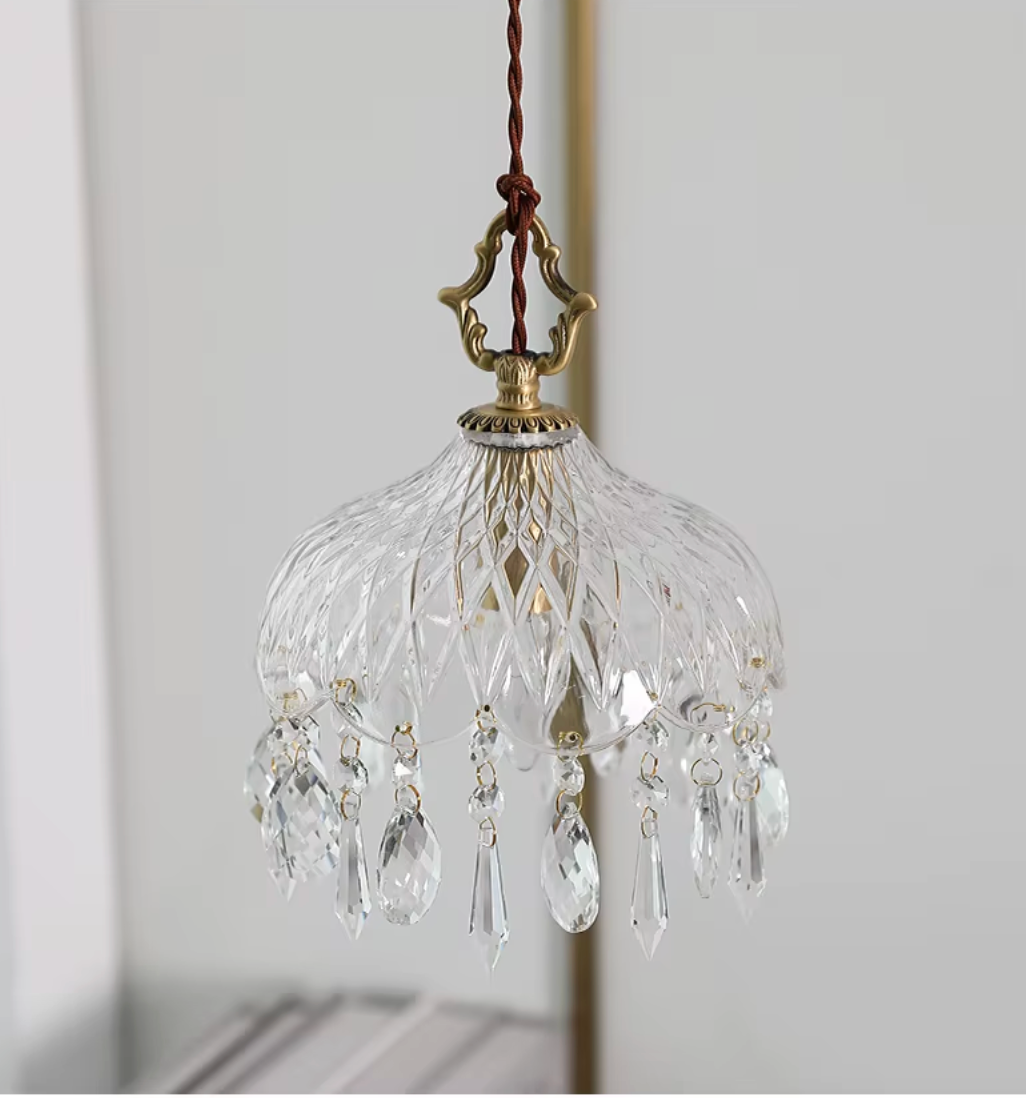 Franse Retro Glazen Hanglamp – Luxe Kroonluchter van Koper & Kristal, E14 LED
