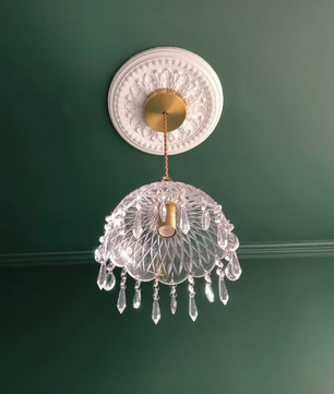 Franse Retro Glazen Hanglamp – Luxe Kroonluchter van Koper & Kristal, E14 LED