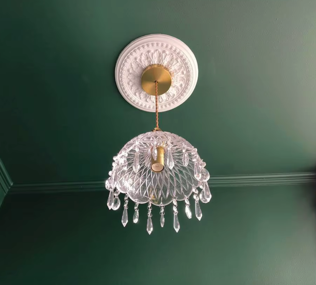 Franse Retro Glazen Hanglamp – Luxe Kroonluchter van Koper & Kristal, E14 LED