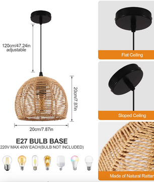 Vintage Rotan Hanglamp – Retro Kroonluchter met E27 Fitting, 20 cm