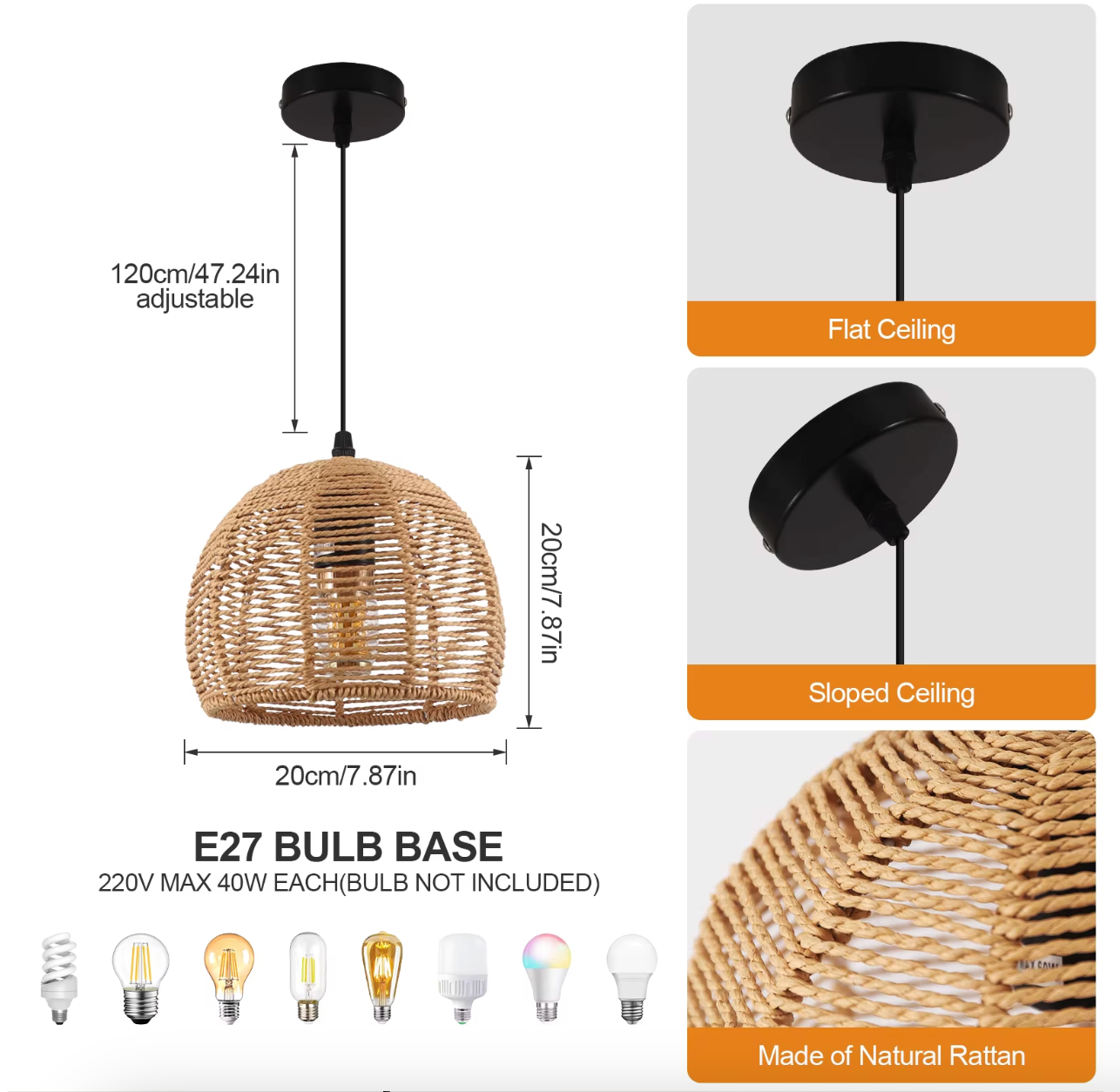 Vintage Rotan Hanglamp – Retro Kroonluchter met E27 Fitting, 20 cm