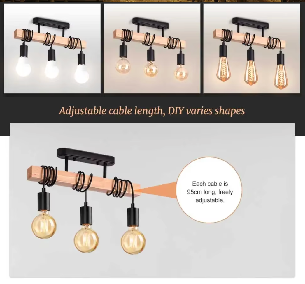 Moderne Houten Hanglamp – Creatief Design met 3 Verstelbare Kabels, Massief Hout & Metaal