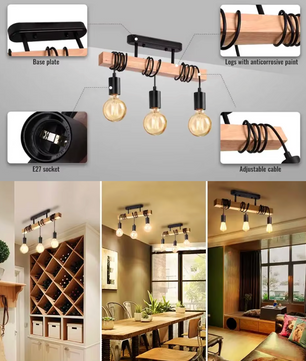 Moderne Houten Hanglamp – Creatief Design met 3 Verstelbare Kabels, Massief Hout & Metaal