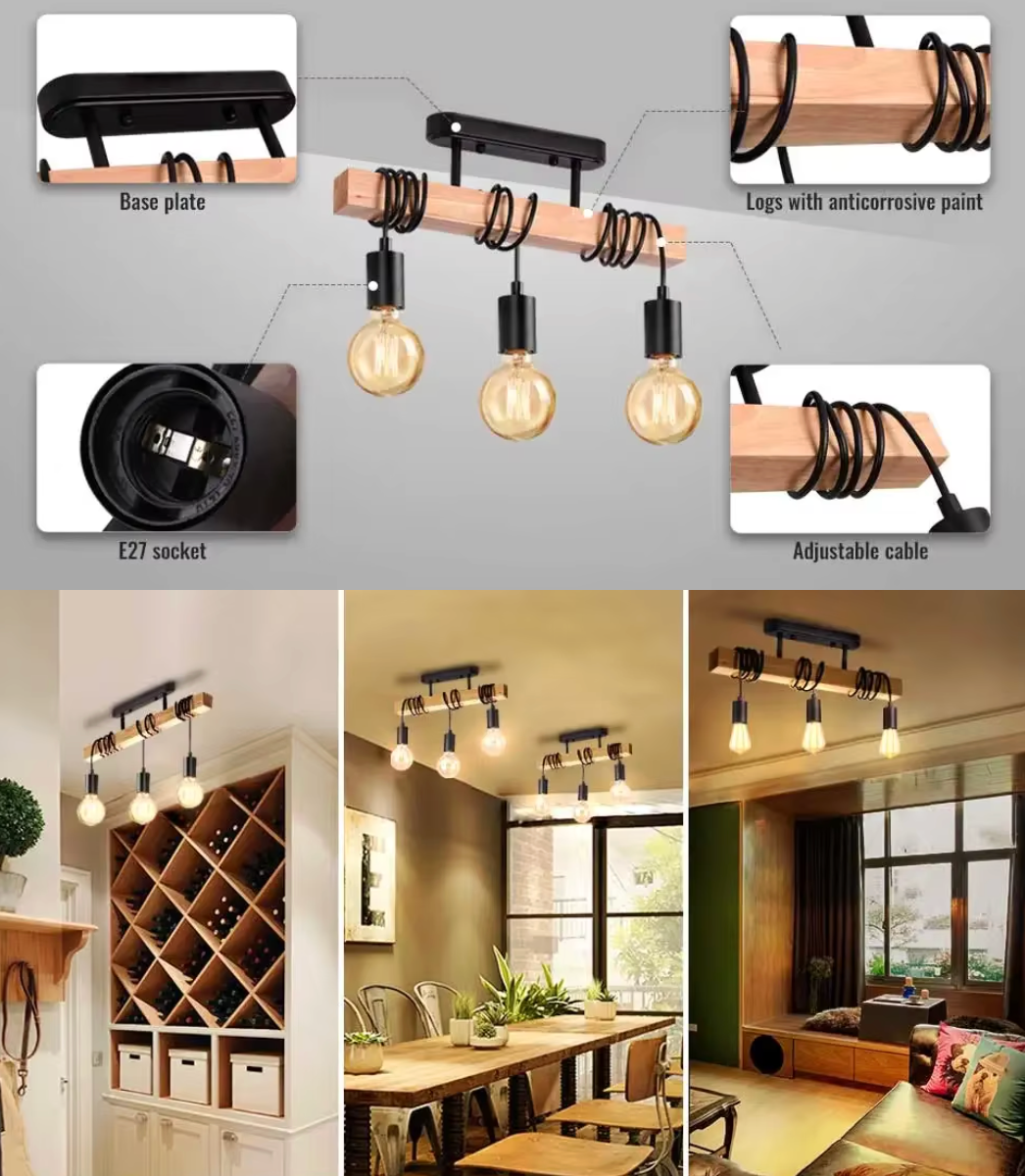 Moderne Houten Hanglamp – Creatief Design met 3 Verstelbare Kabels, Massief Hout & Metaal