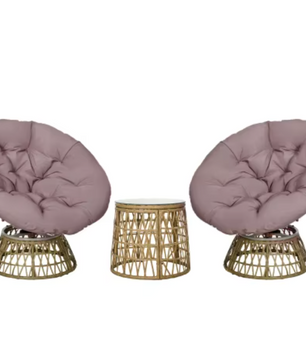 3-delige Rotan Balkonset – Roze Stoelen met Kussens & Glazen Tafel