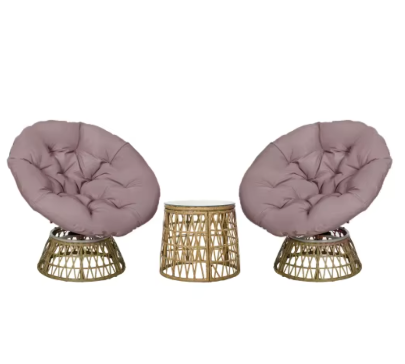 3-delige Rotan Balkonset – Roze Stoelen met Kussens & Glazen Tafel
