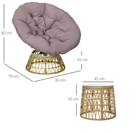 3-delige Rotan Balkonset – Roze Stoelen met Kussens & Glazen Tafel