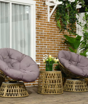 3-delige Rotan Balkonset – Roze Stoelen met Kussens & Glazen Tafel