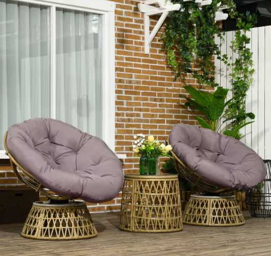 3-delige Rotan Balkonset – Roze Stoelen met Kussens & Glazen Tafel