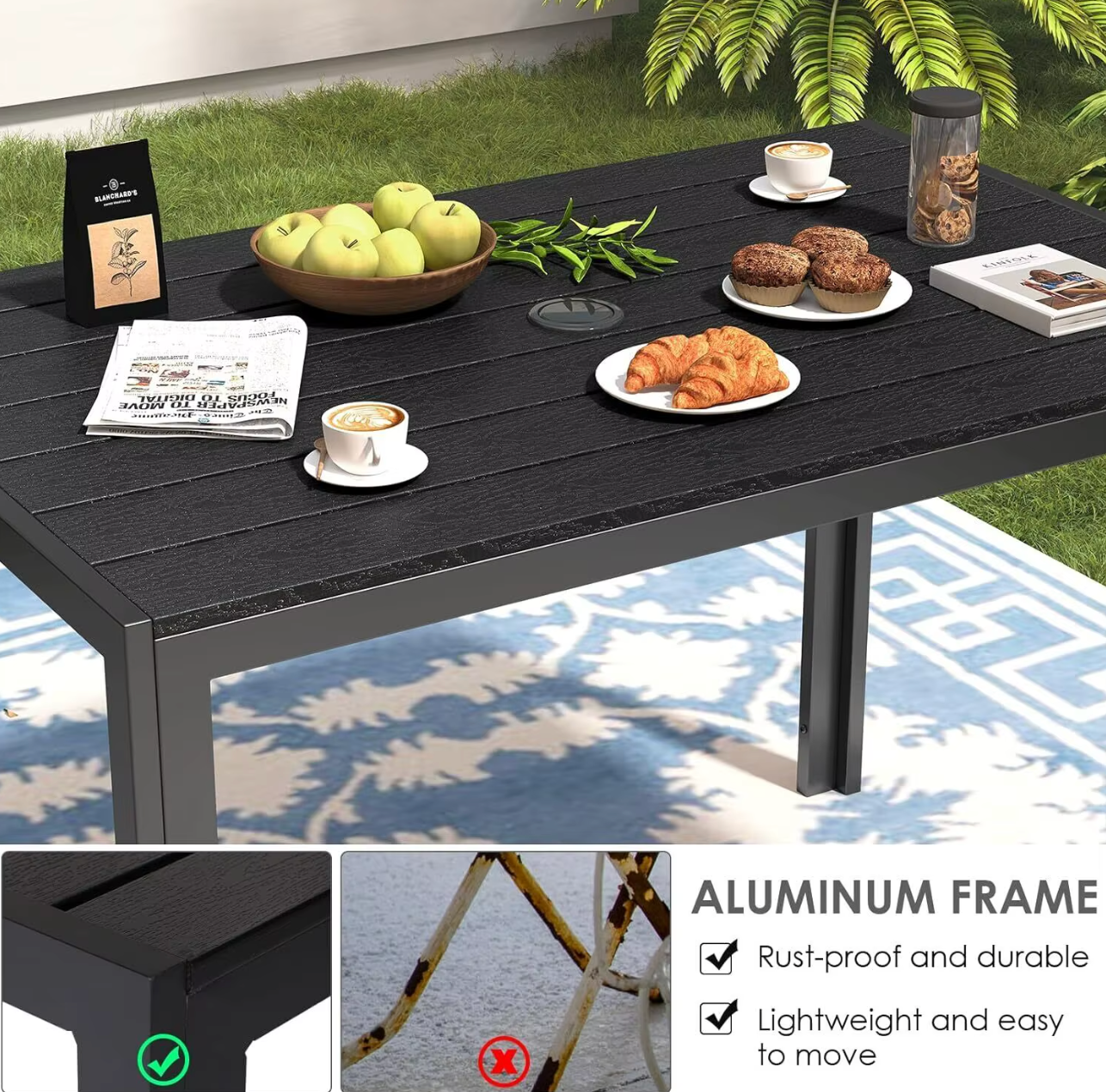 Weerbestendige Tuintafel met Parasolgat – Aluminium & WPC, Rechthoekig 110x70 cm