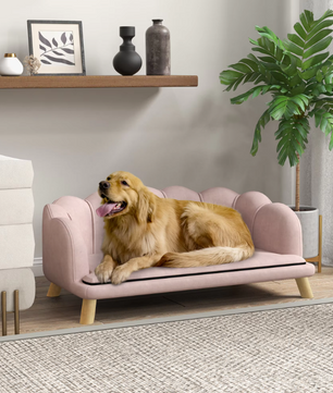 Hondenbank met Rugleuning – Fluweelzachte Stoffen Hoes & Houten Poten, Roze