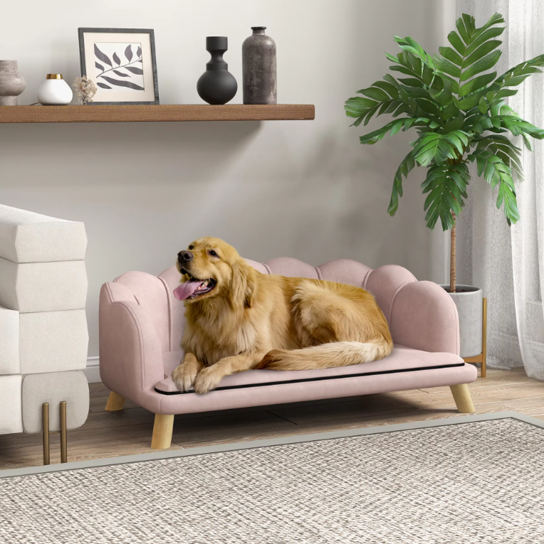 Hondenbank met Rugleuning – Fluweelzachte Stoffen Hoes & Houten Poten, Roze