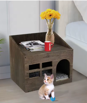 Houten Kattenhuis met Kussen – Kattenbed, Grot & Opslagplank