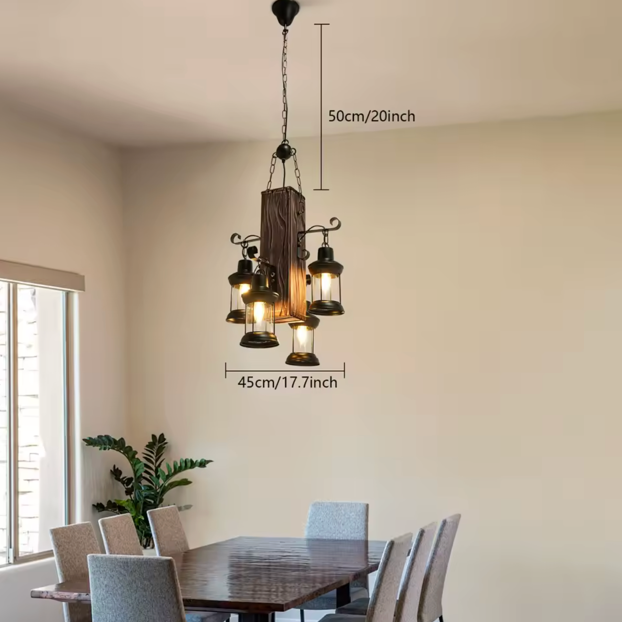 Industriële Retro Hanglamp – 4-Lichts Houten & IJzeren Plafondlamp