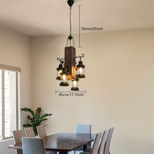 Industriële Retro Hanglamp – 4-Lichts Houten & IJzeren Plafondlamp