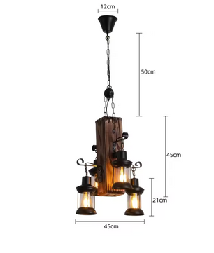 Industriële Retro Hanglamp – 4-Lichts Houten & IJzeren Plafondlamp