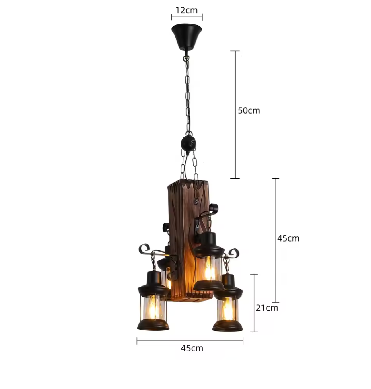 Industriële Retro Hanglamp – 4-Lichts Houten & IJzeren Plafondlamp