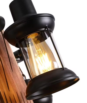 Industriële Retro Hanglamp – 4-Lichts Houten & IJzeren Plafondlamp