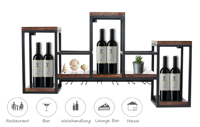 Vintage Wandplank voor Wijn – Houten & Metalen Wijnrek met Glazenhouder