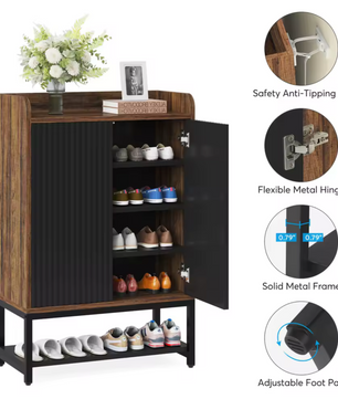 Houten Badkamerkast met 6 Lagen & Dubbele Deuren – Opbergkast met Verstelbare Planken