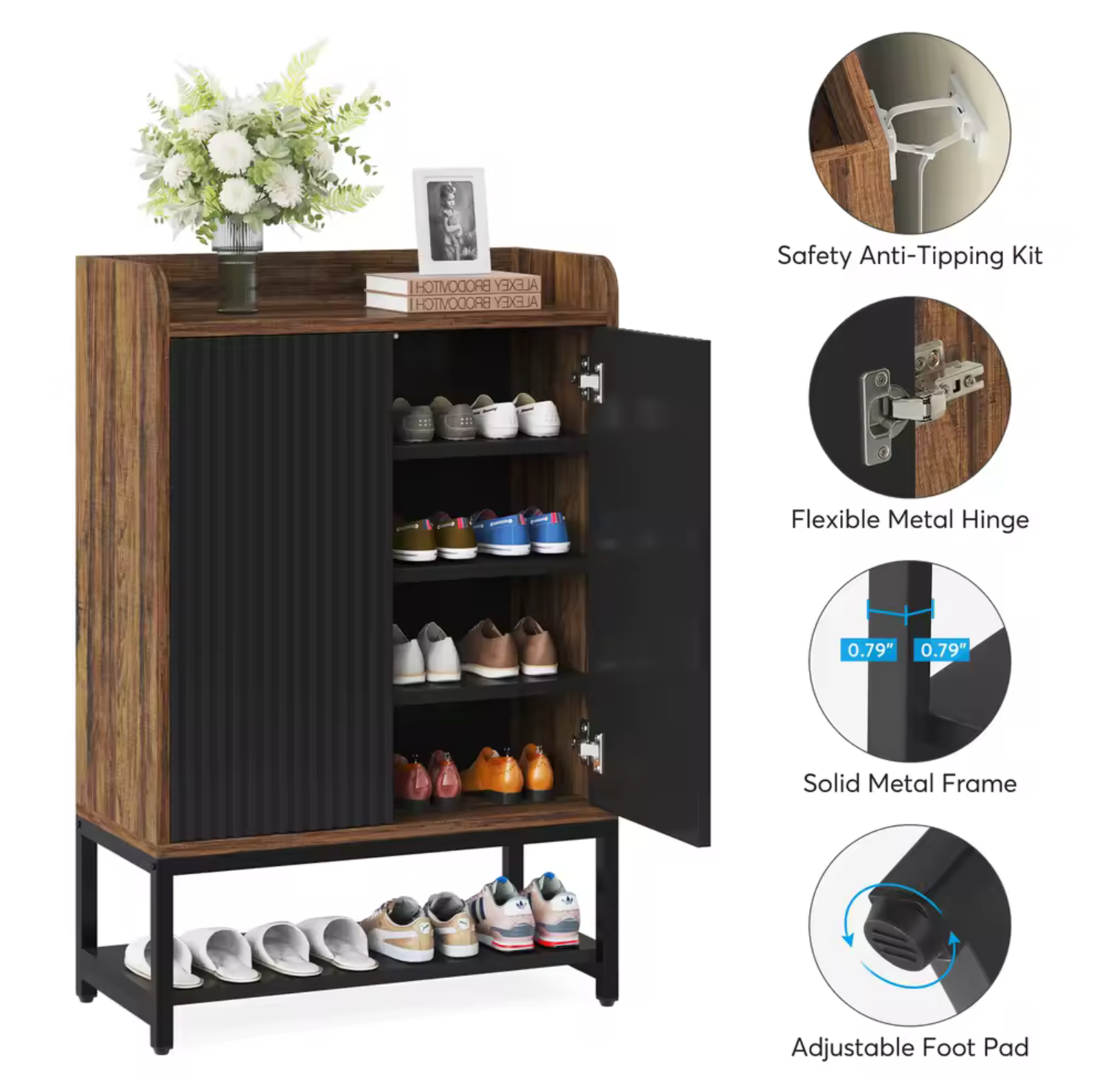 Houten Badkamerkast met 6 Lagen & Dubbele Deuren – Opbergkast met Verstelbare Planken