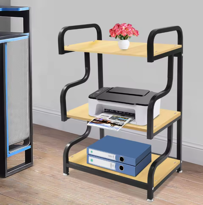 3-laags Printerstandaard van Hout en Staal – Verstelbare Planken, 94 cm