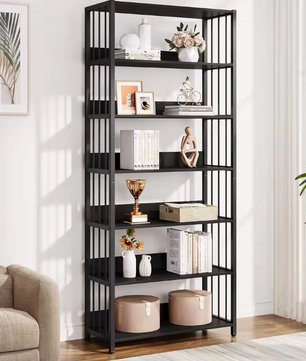 Industriële Boekenkast met 6 Planken – Hoge Houten Opbergrek met Metaal voor Woonkamer of Slaapkamer