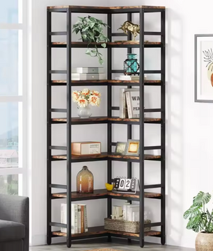 Hoge Industriële Hoekboekenkast met 7 Planken – Houten Opbergrek met Zwart Metalen Frame