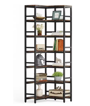 Hoge Industriële Hoekboekenkast met 7 Planken – Houten Opbergrek met Zwart Metalen Frame