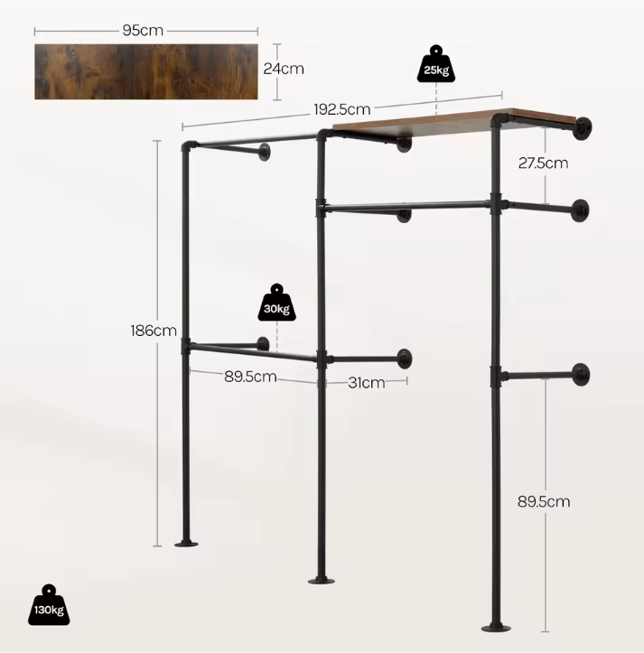 Industriële Wandgarderobe met Planken en Kledingroede – Open Wandkast
