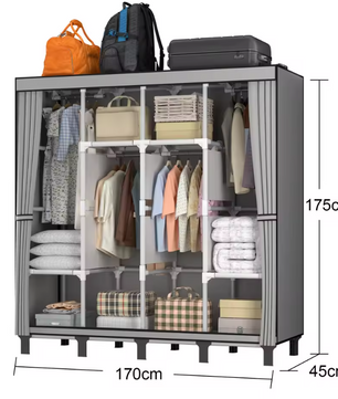Opvouwbare Stoffen Kledingkast met 15 Vakken – Canvas Garderobekast met Kledingroede en Lades, 130x45x170 cm
