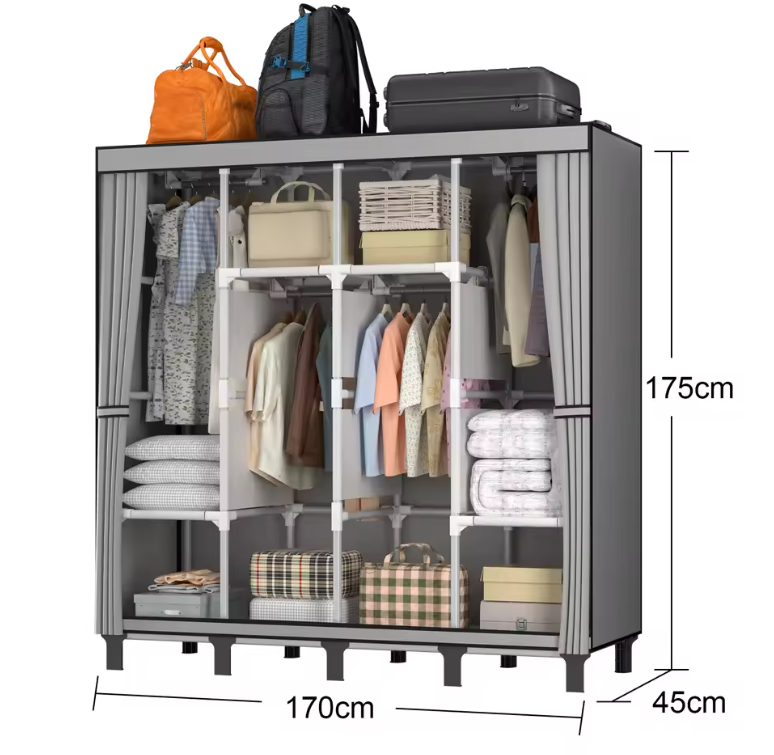 Opvouwbare Stoffen Kledingkast met 15 Vakken – Canvas Garderobekast met Kledingroede en Lades, 130x45x170 cm