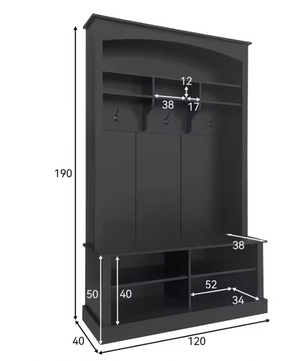 Zwarte Halbank met Kapstok en Schoenkast – 190x120x40 cm