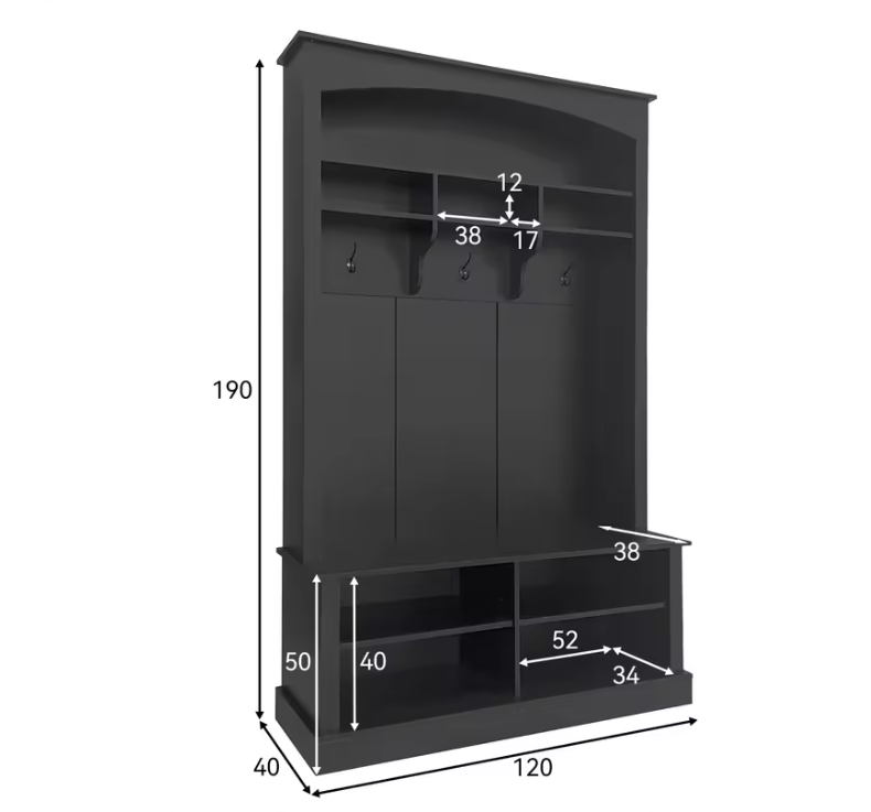 Zwarte Halbank met Kapstok en Schoenkast – 190x120x40 cm