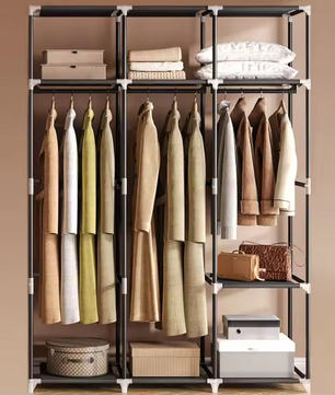 Hoge Vrijstaande Kledingkast met 3 Roedes en 9 Vakken – Stoffen Planken, Metalen Frame, 130 cm