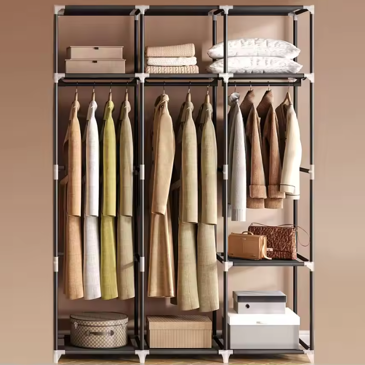 Hoge Vrijstaande Kledingkast met 3 Roedes en 9 Vakken – Stoffen Planken, Metalen Frame, 130 cm