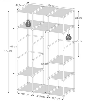 Hoge Vrijstaande Kledingkast met 3 Roedes en 9 Vakken – Stoffen Planken, Metalen Frame, 130 cm