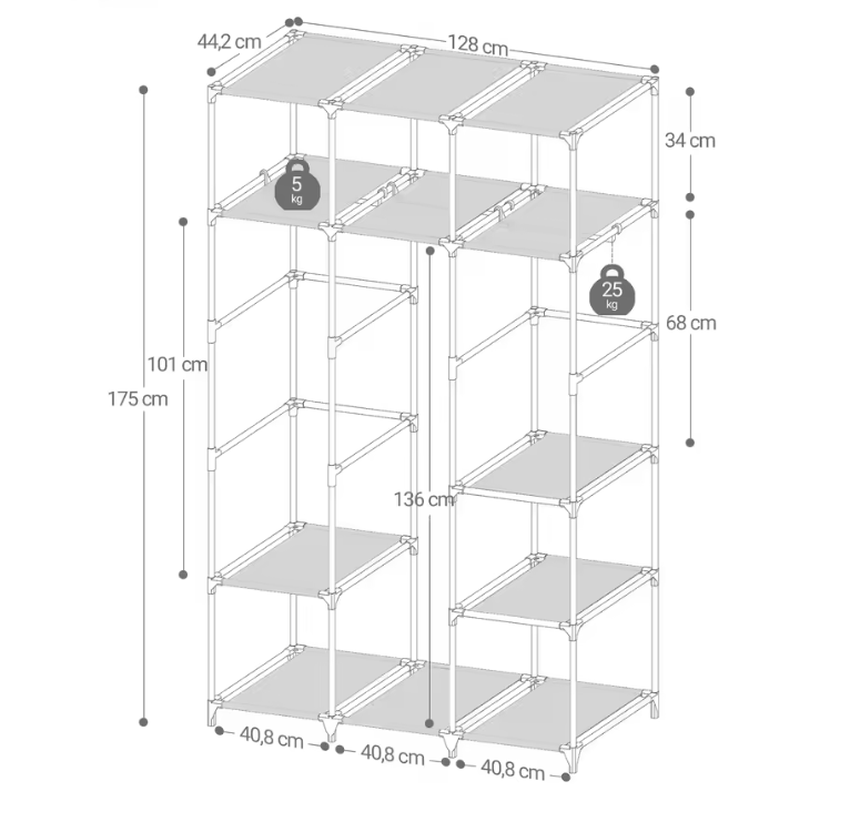 Hoge Vrijstaande Kledingkast met 3 Roedes en 9 Vakken – Stoffen Planken, Metalen Frame, 130 cm
