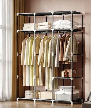 Hoge Vrijstaande Kledingkast met 3 Roedes en 9 Vakken – Stoffen Planken, Metalen Frame, 130 cm