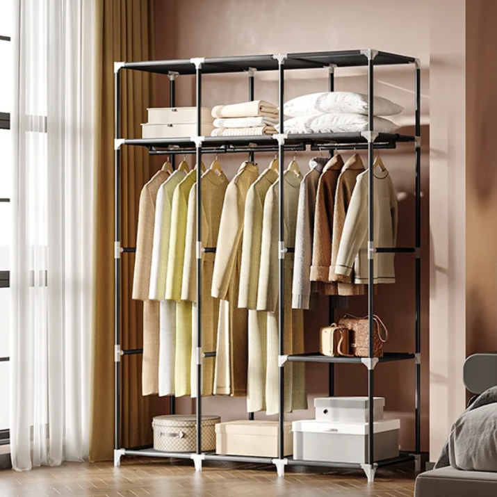 Hoge Vrijstaande Kledingkast met 3 Roedes en 9 Vakken – Stoffen Planken, Metalen Frame, 130 cm