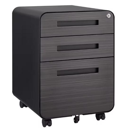 Metalen Archiefkast met Slot – 3 Lades en Wielen, Zwart