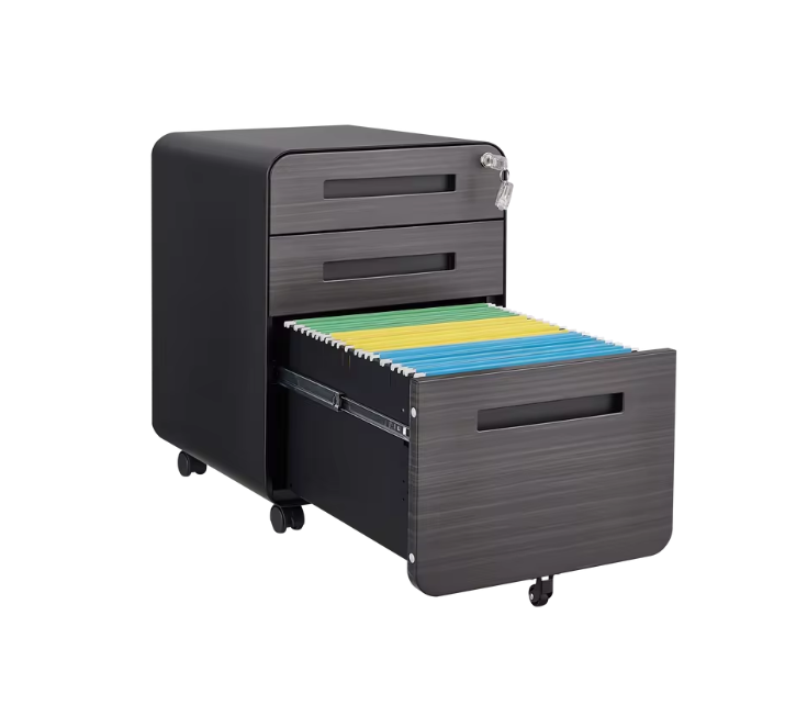 Metalen Archiefkast met Slot – 3 Lades en Wielen, Zwart