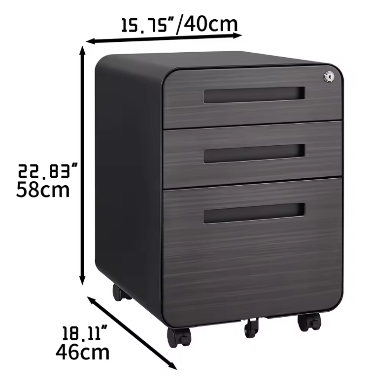 Metalen Archiefkast met Slot – 3 Lades en Wielen, Zwart