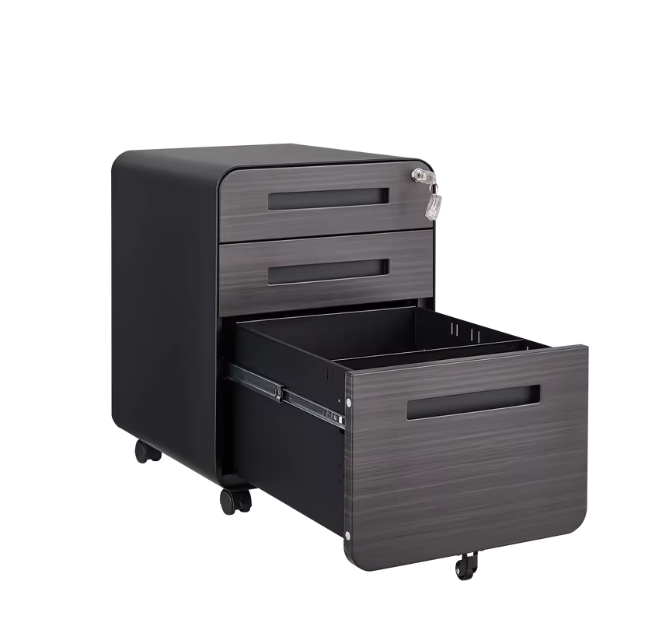 Metalen Archiefkast met Slot – 3 Lades en Wielen, Zwart
