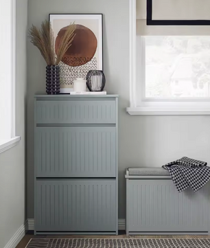 Schoenenkast met 2 Kleppen – Smal MDF Schoenenrek met Lade en 4 Planken