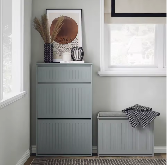 Schoenenkast met 2 Kleppen – Smal MDF Schoenenrek met Lade en 4 Planken